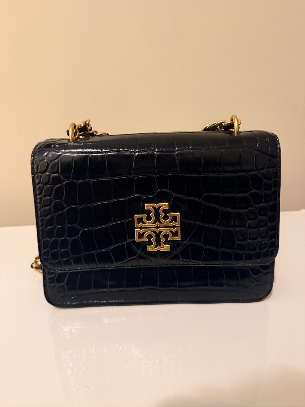 Tory Burch Black Croc-Embossed Leather Chain Flap Crossbody with Gold Logo